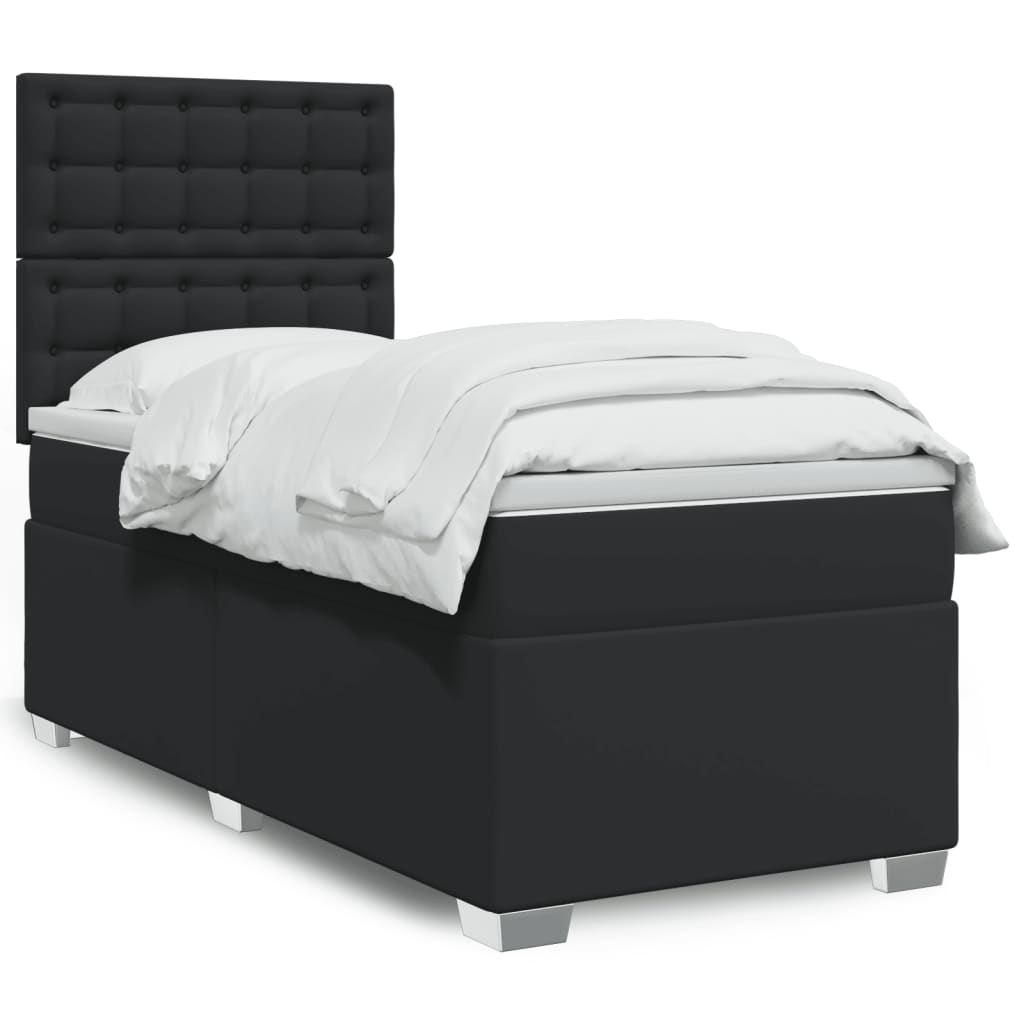 Pat box spring cu saltea, negru, 90x200 cm, piele ecologică