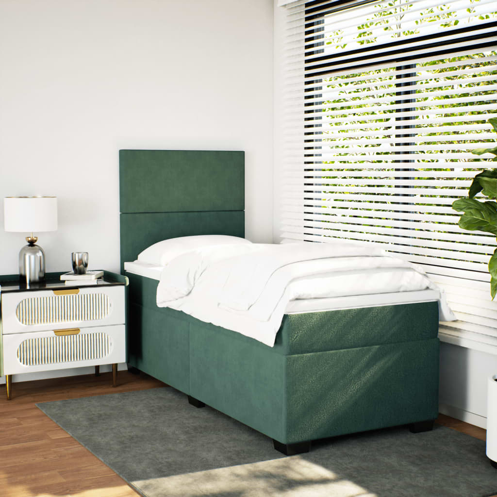 Pat box spring cu saltea, verde închis, 90x190 cm, catifea