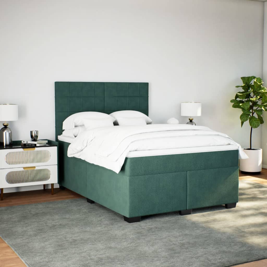 Pat box spring cu saltea, verde închis, 140x190 cm, catifea