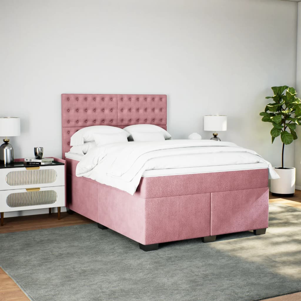 Pat box spring cu saltea, roz, 140x190 cm, catifea