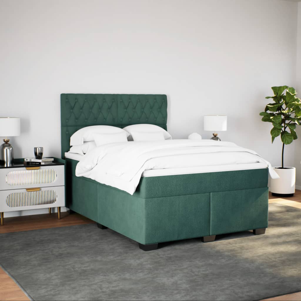 Pat box spring cu saltea, verde închis, 140x200 cm, catifea