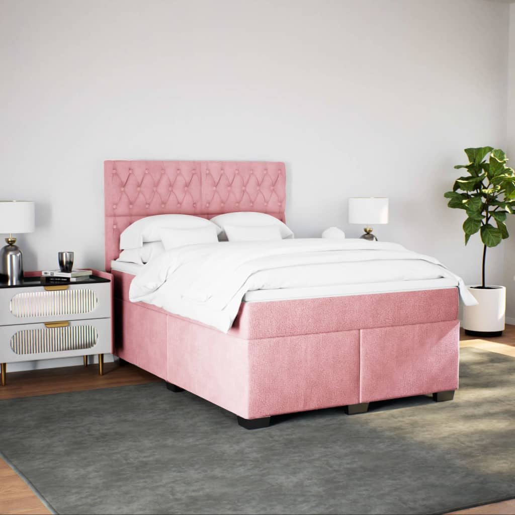 Pat box spring cu saltea, roz, 140x200 cm, catifea