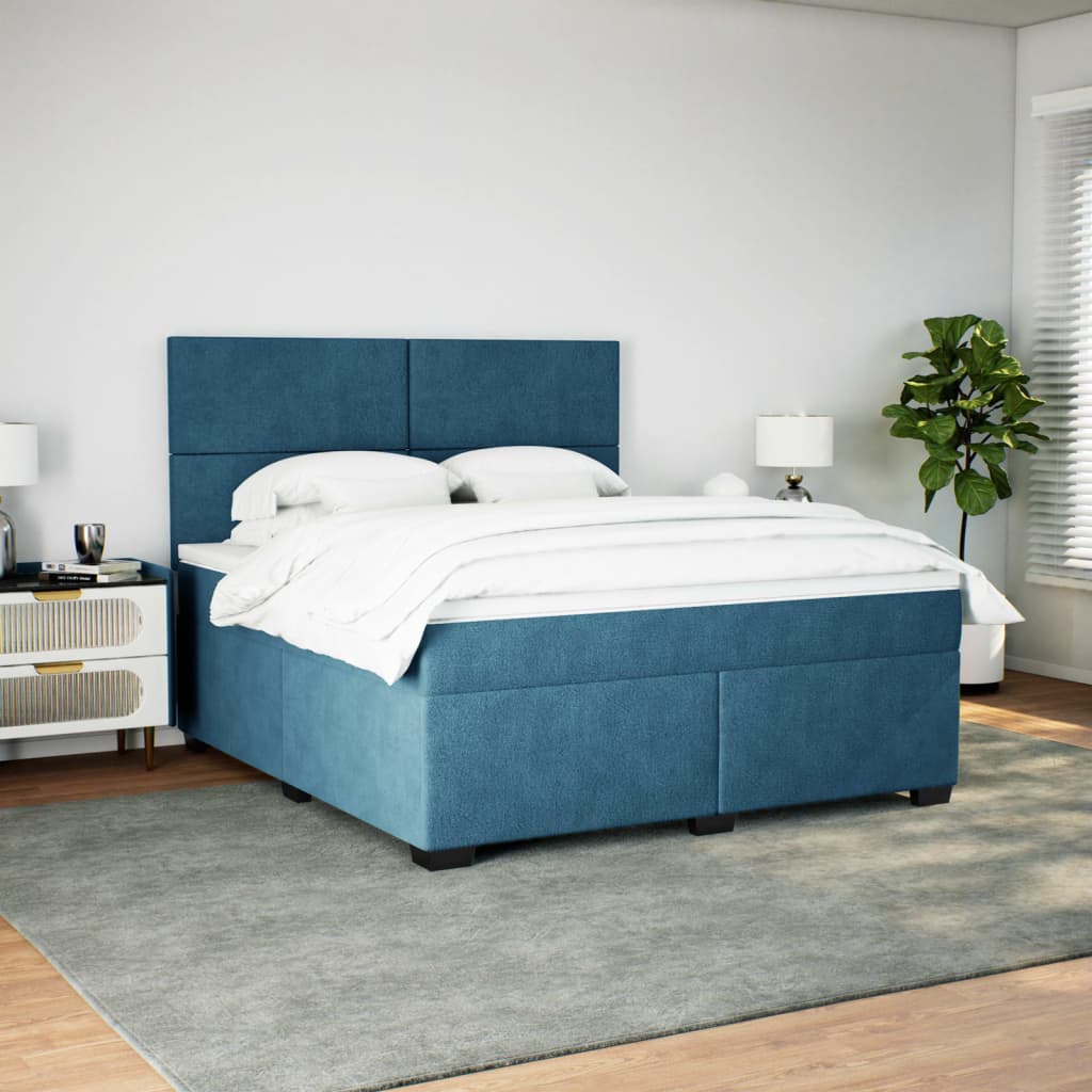 Pat box spring cu saltea, albastru, 180x200 cm, catifea