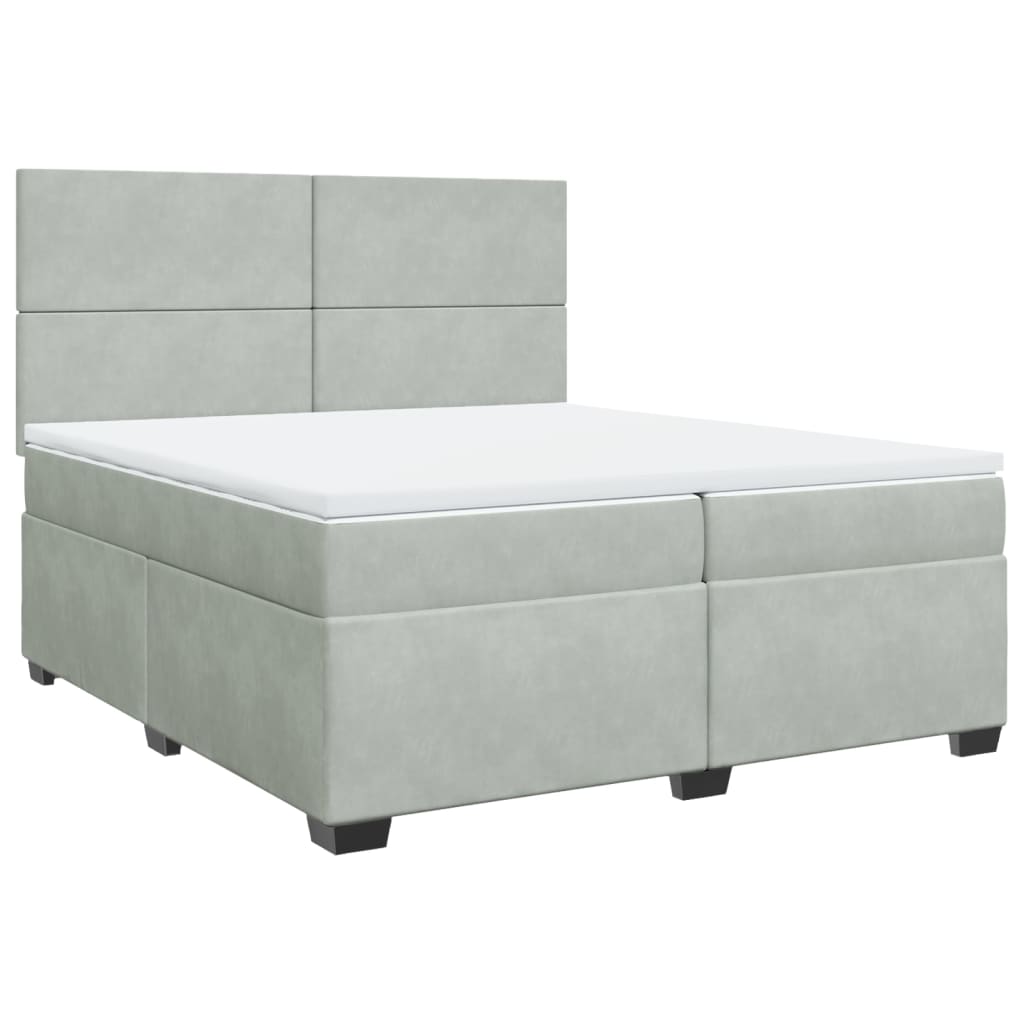 Pat box spring cu saltea, gri deschis, 200x200 cm, catifea