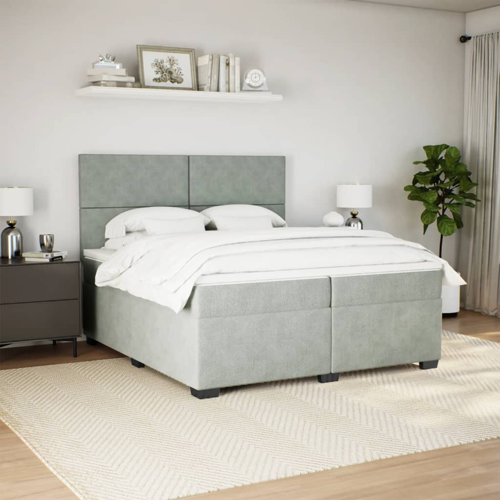 Pat box spring cu saltea, gri deschis, 200x200 cm, catifea