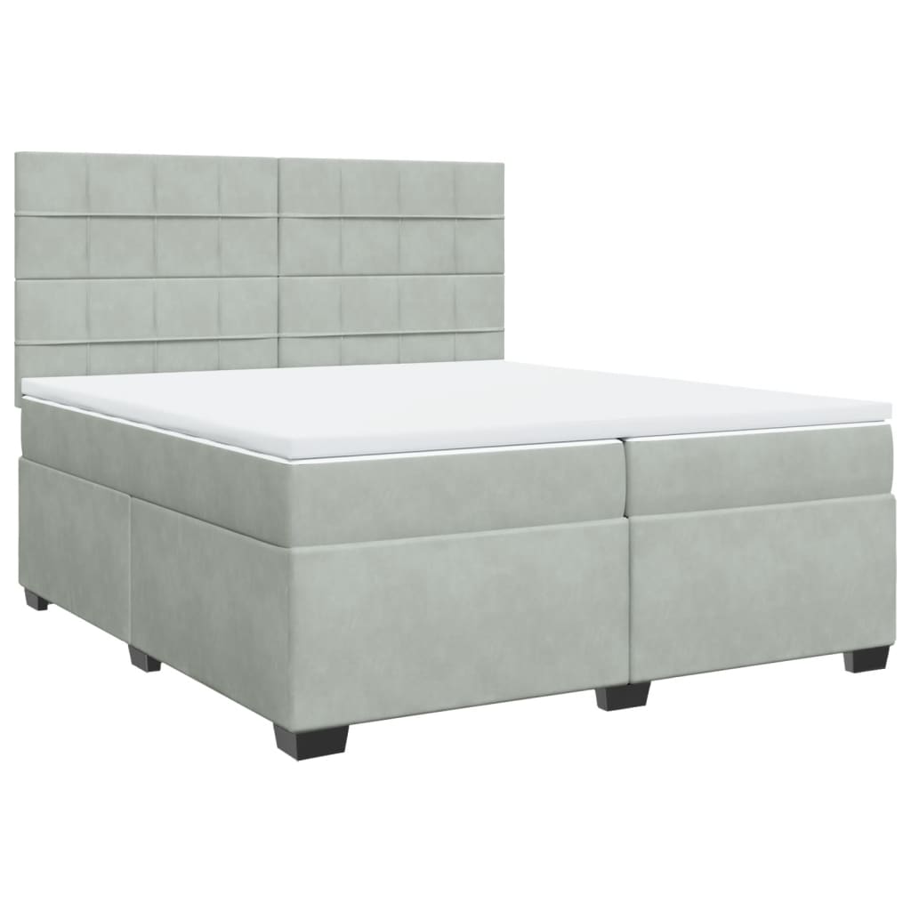 Pat box spring cu saltea, gri deschis, 200x200 cm, catifea