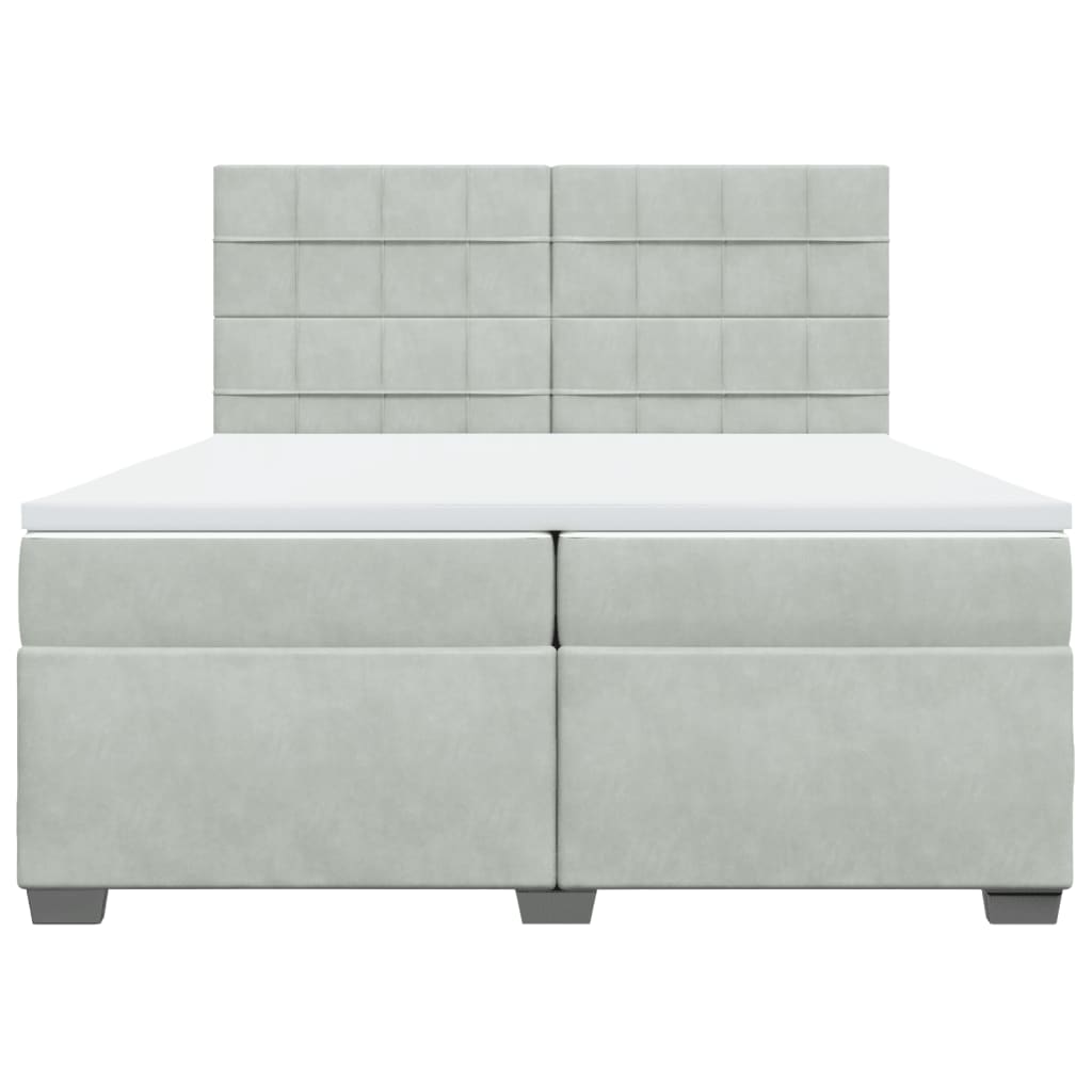 Pat box spring cu saltea, gri deschis, 200x200 cm, catifea