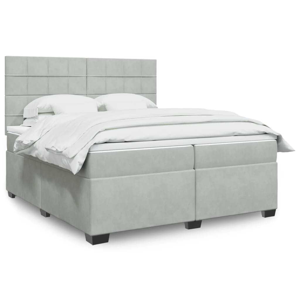 Pat box spring cu saltea, gri deschis, 200x200 cm, catifea