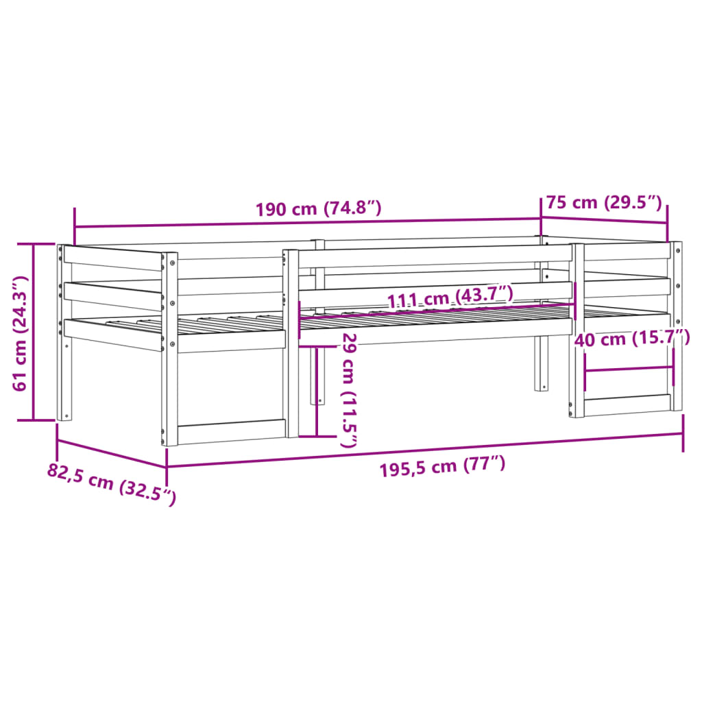 Cadru de pat pentru copii, alb, 75x190 cm, lemn masiv de pin