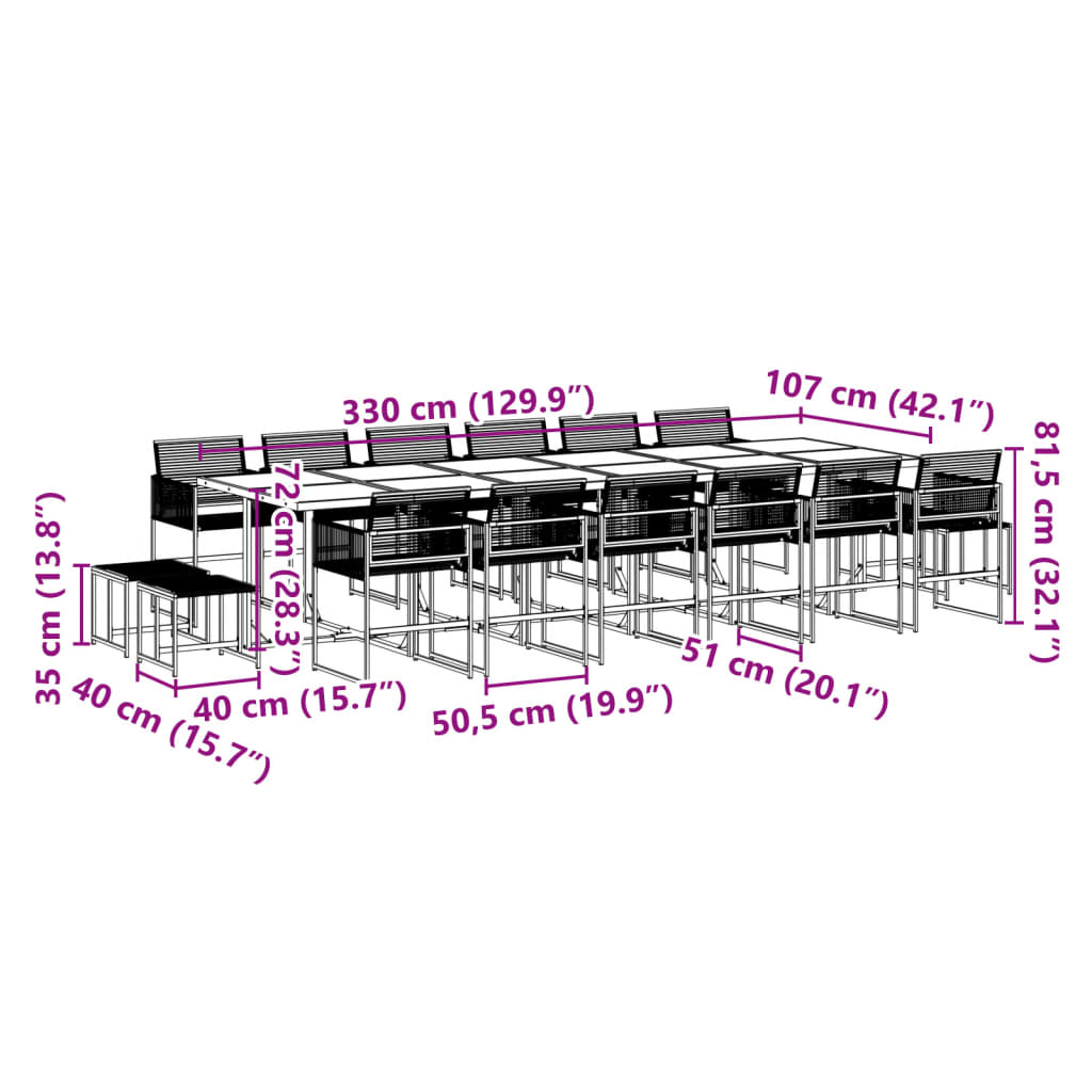 Set mobilier de grădină, 17 piese, negru, poliratan