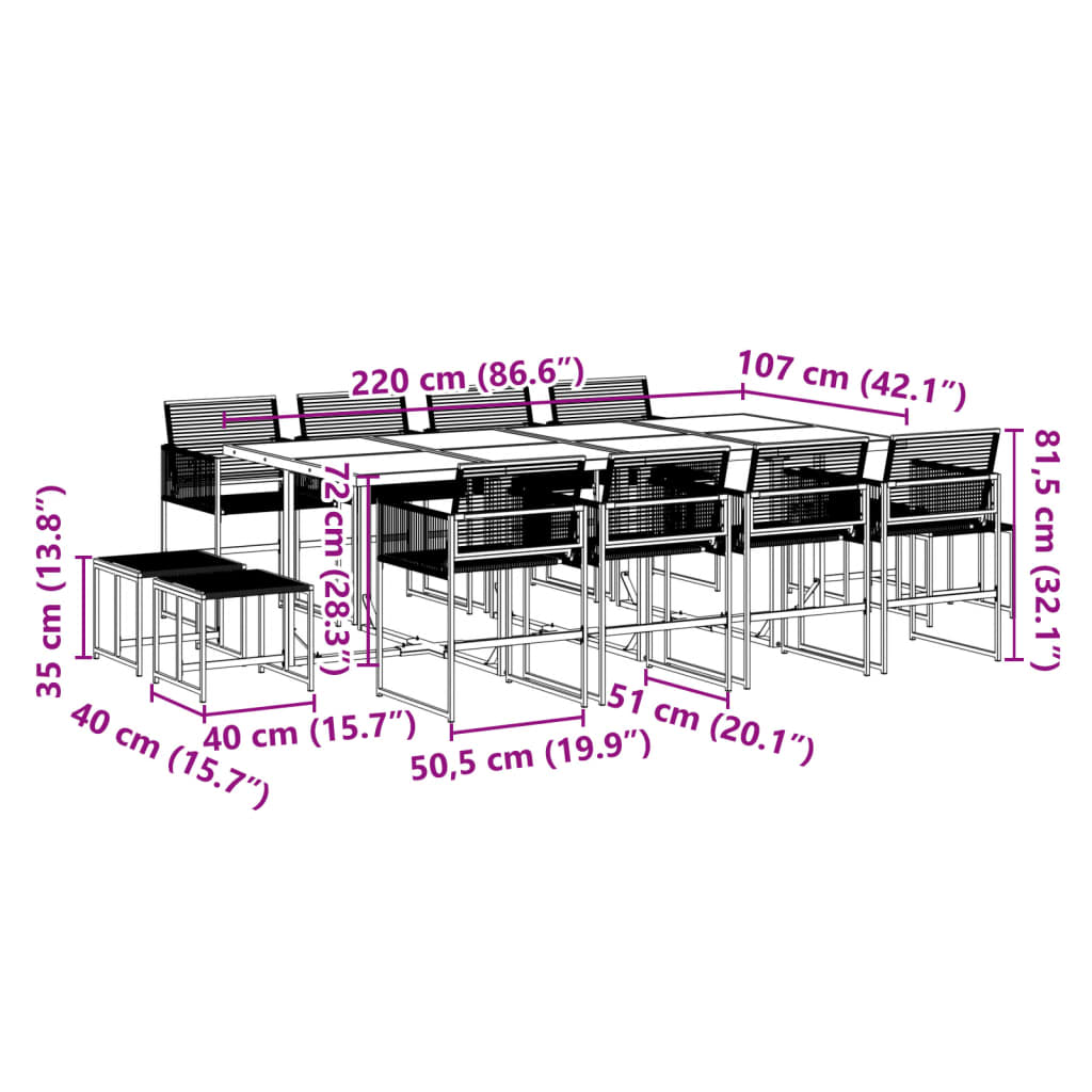 Garden furniture set, 13 pieces, black, polyrattan