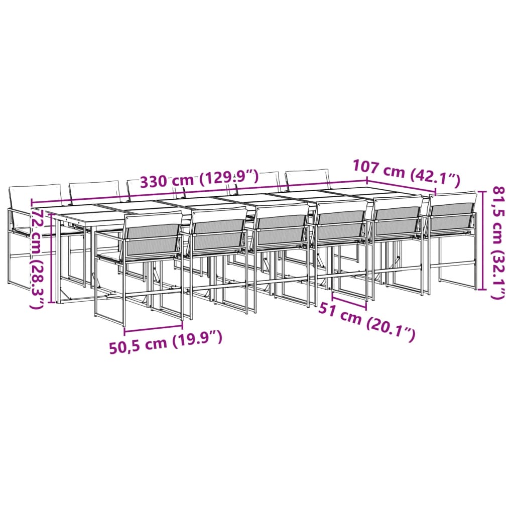 Garden furniture set, 13 pieces, with cushions, black, textilene