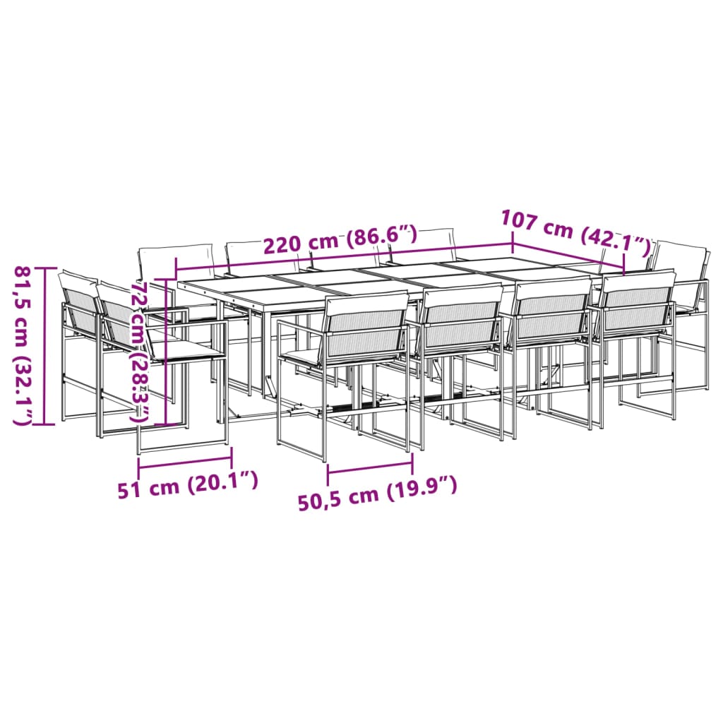 Garden furniture set, 13 pieces, with cushions, black, textilene