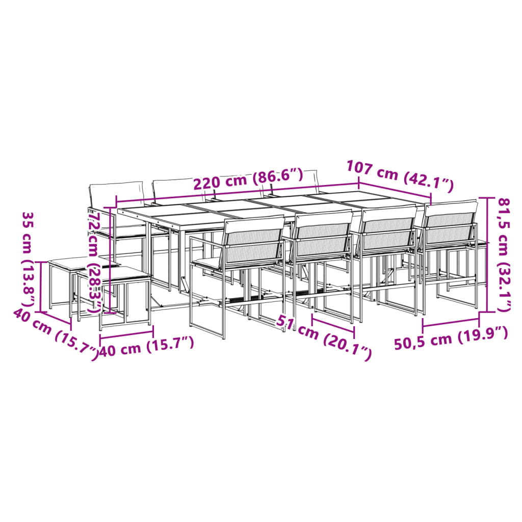 Garden furniture set, 13 pieces, with cushions, black, textilene