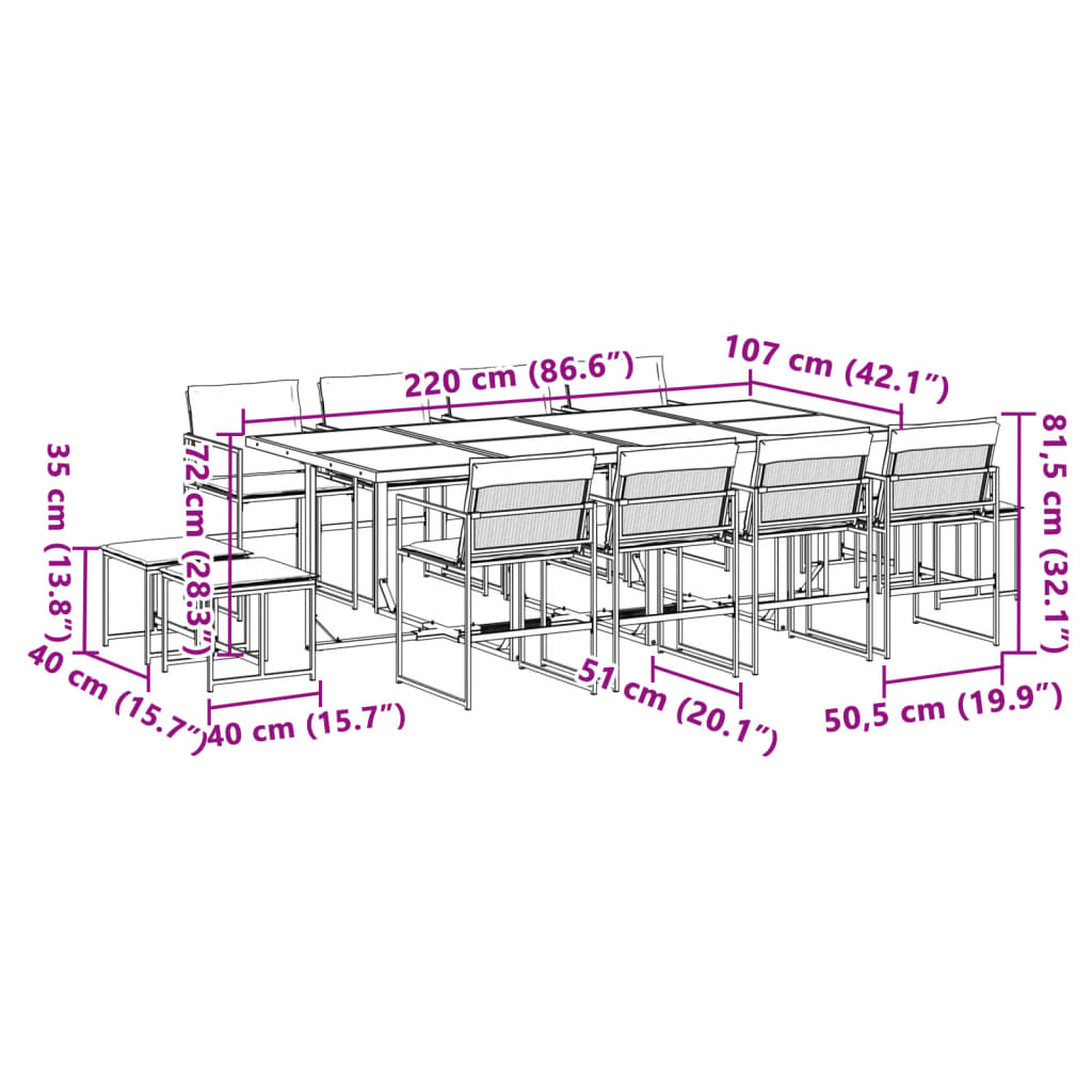 Garden furniture set, 13 pieces, with cushions, white, textilene