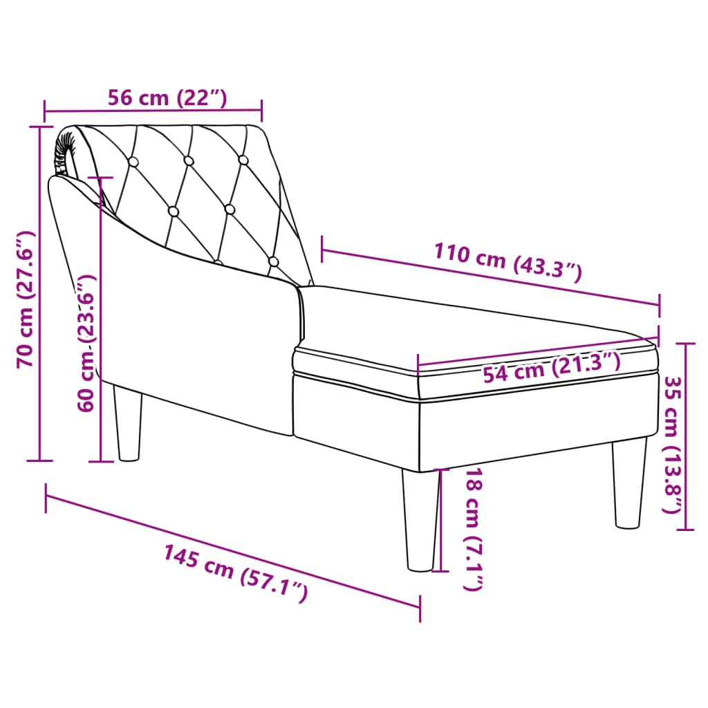 Chaise longue with cushion and straight armrest, taupe grey, textile