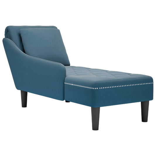 Chaise longue with cushion and right armrest, blue, velvet