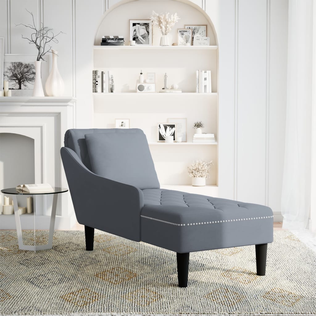 Chaise longue with cushion and right armrest, dark grey, velvet