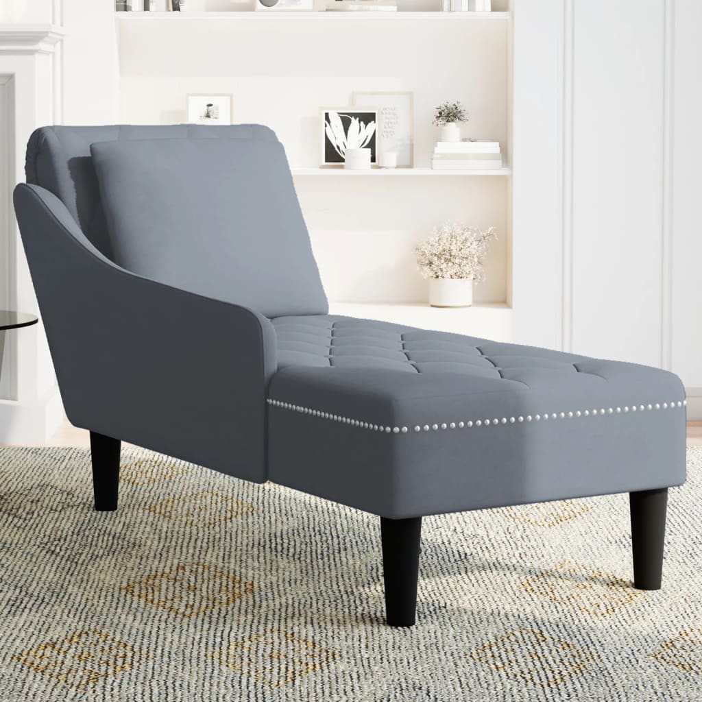 Chaise longue with cushion and right armrest, dark grey, velvet