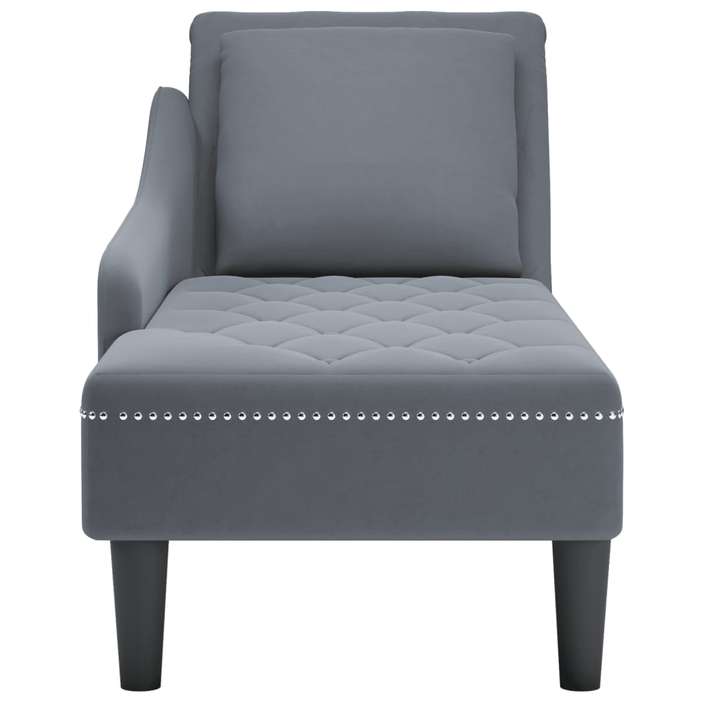 Chaise longue with cushion and right armrest, dark grey, velvet