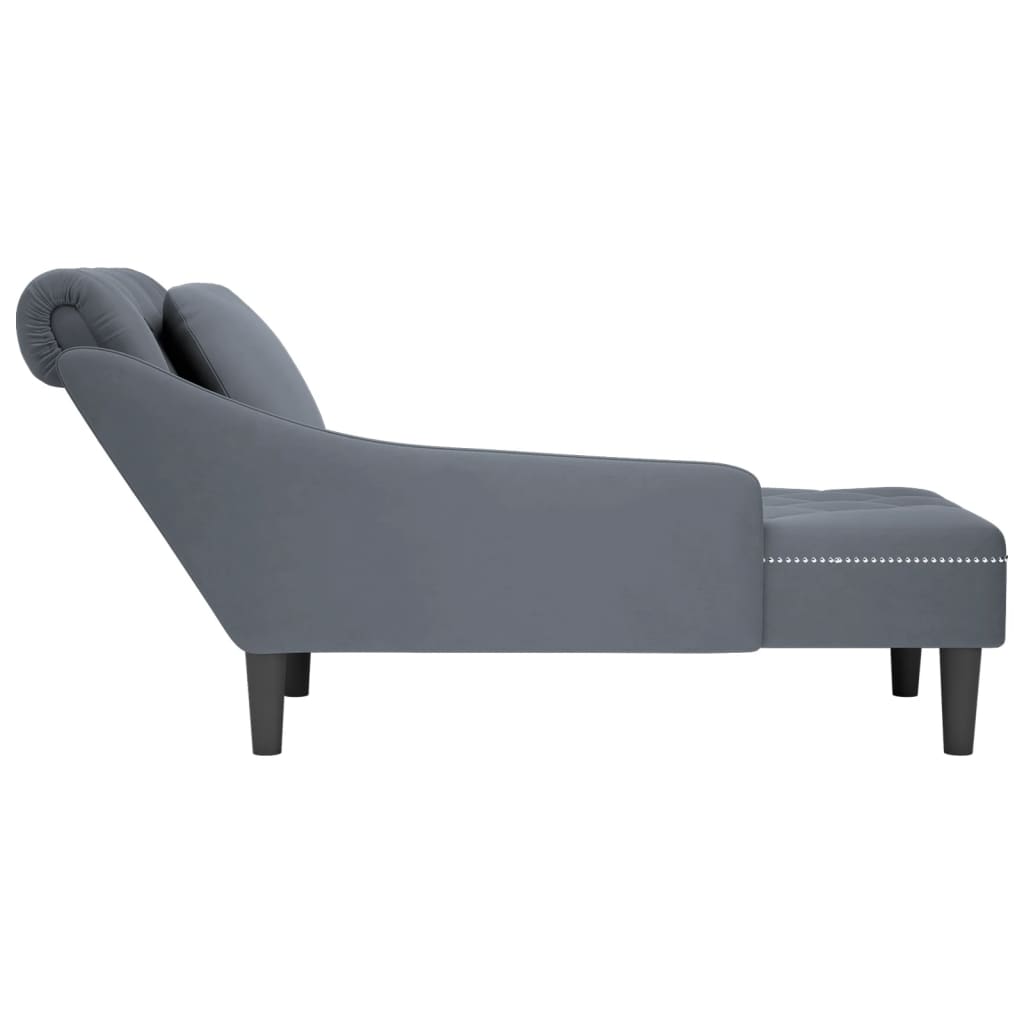 Chaise longue with cushion and right armrest, dark grey, velvet