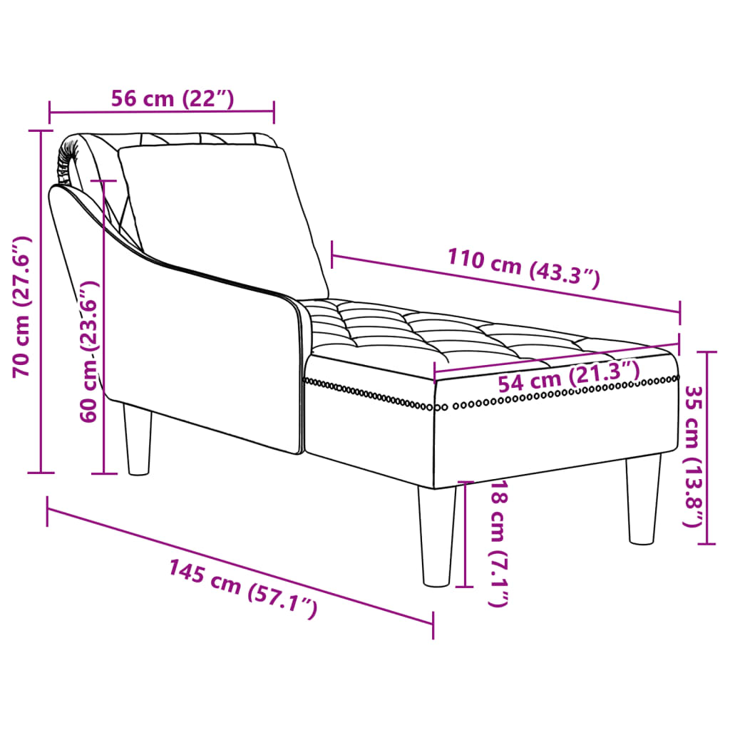 Chaise longue with cushion and right armrest, dark grey, velvet