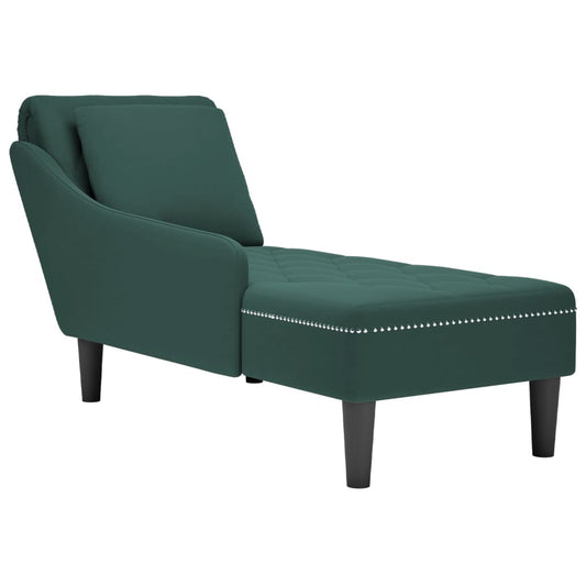 Chaise longue with cushion and right armrest, dark green, velvet