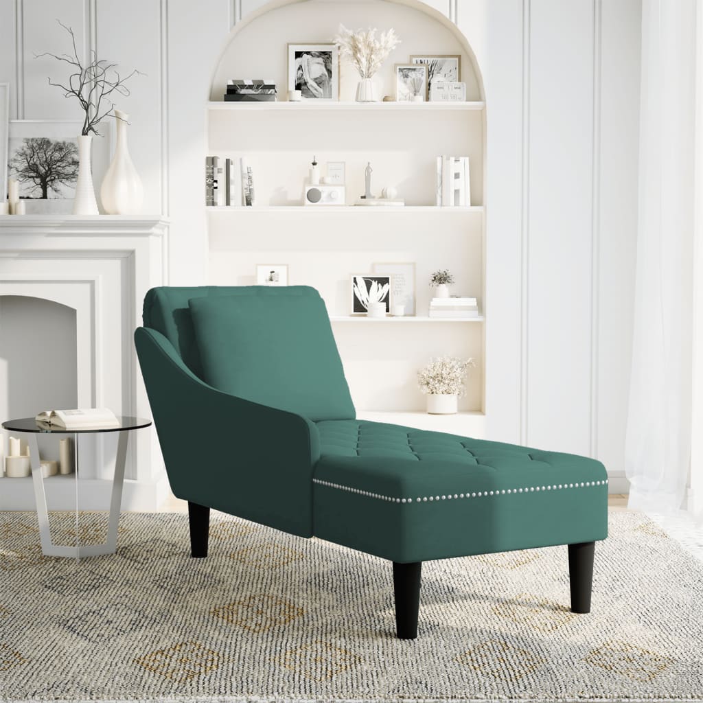 Chaise longue with cushion and right armrest, dark green, velvet