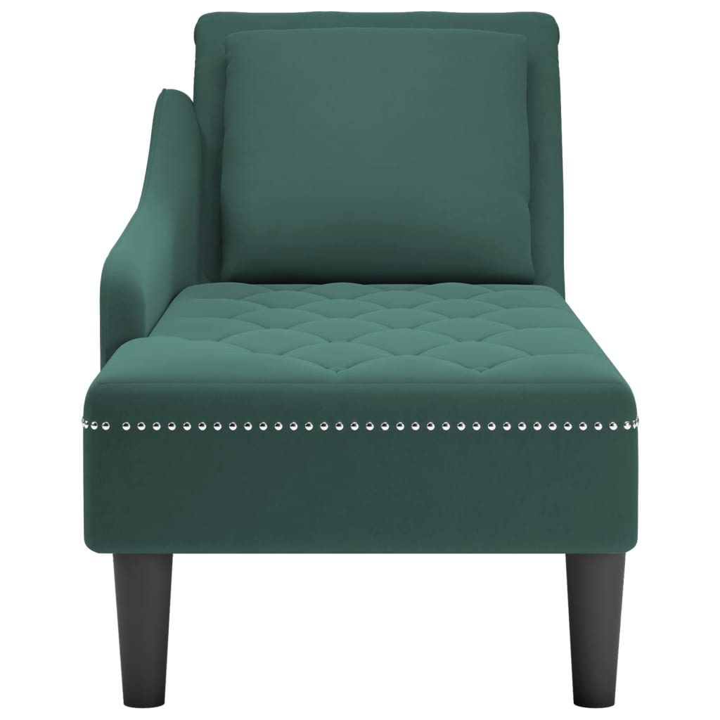 Chaise longue with cushion and right armrest, dark green, velvet