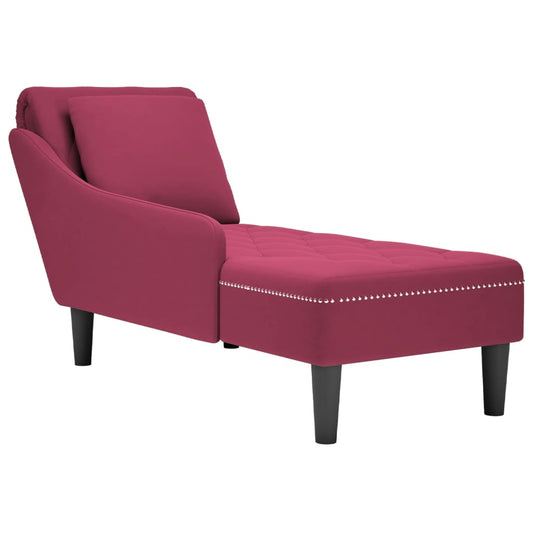 Chaise longue with cushion and right armrest, wine red, velvet