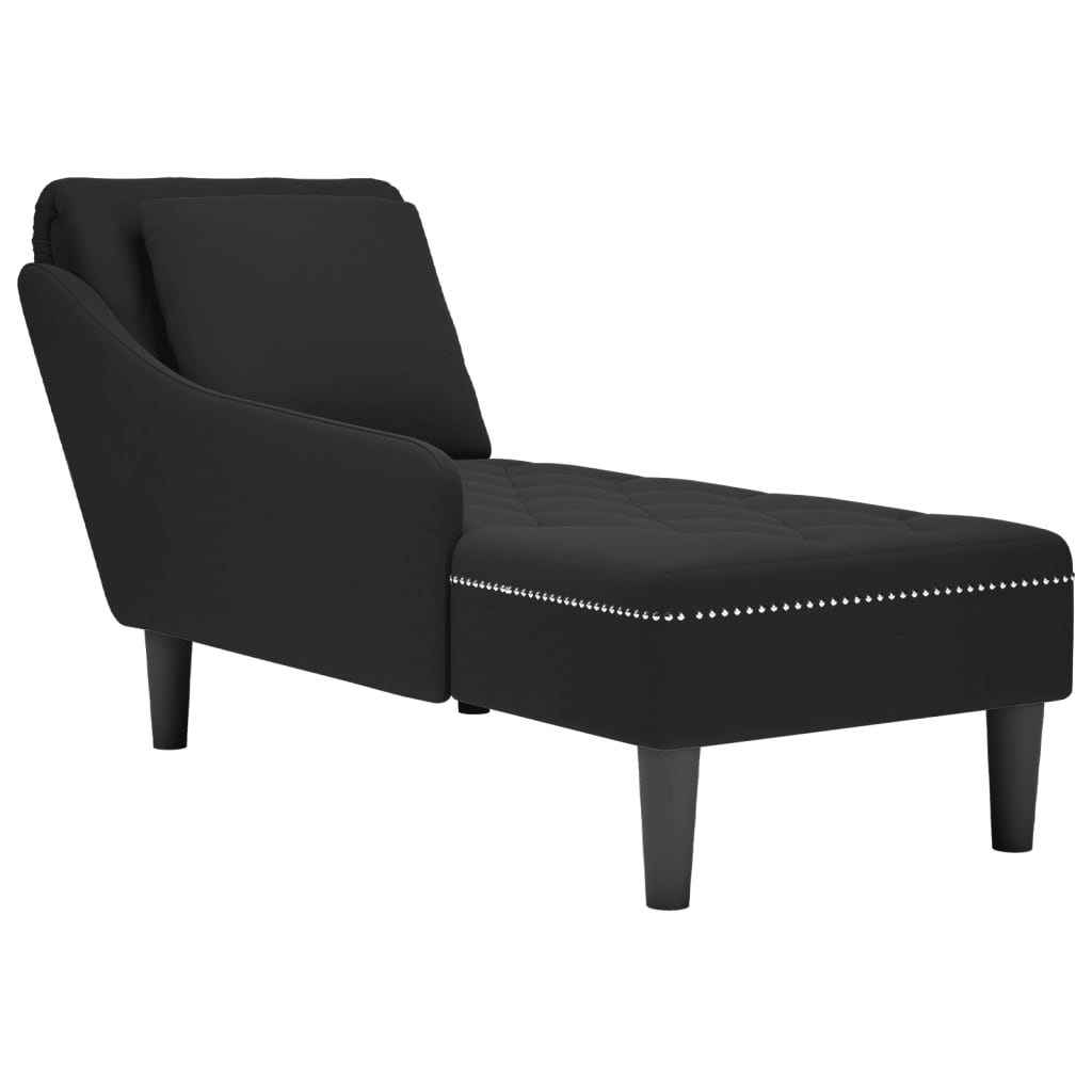 Chaise longue with cushion and right armrest, black, velvet