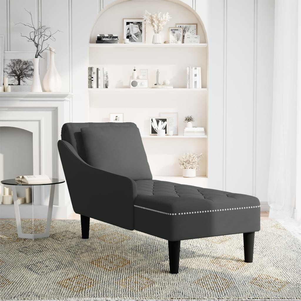 Chaise longue with cushion and right armrest, black, velvet