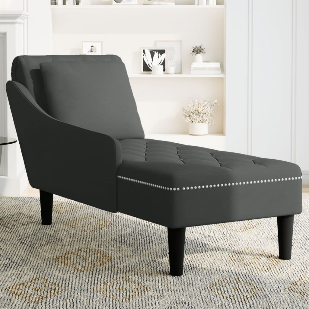 Chaise longue with cushion and right armrest, black, velvet