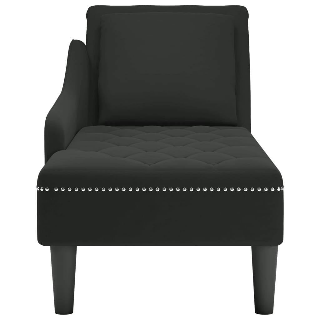 Chaise longue with cushion and right armrest, black, velvet