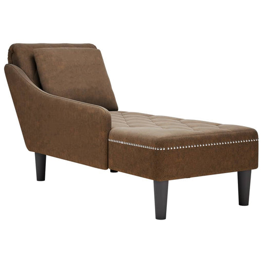 Chaise longue with cushion and right armrest, brown eco-leather