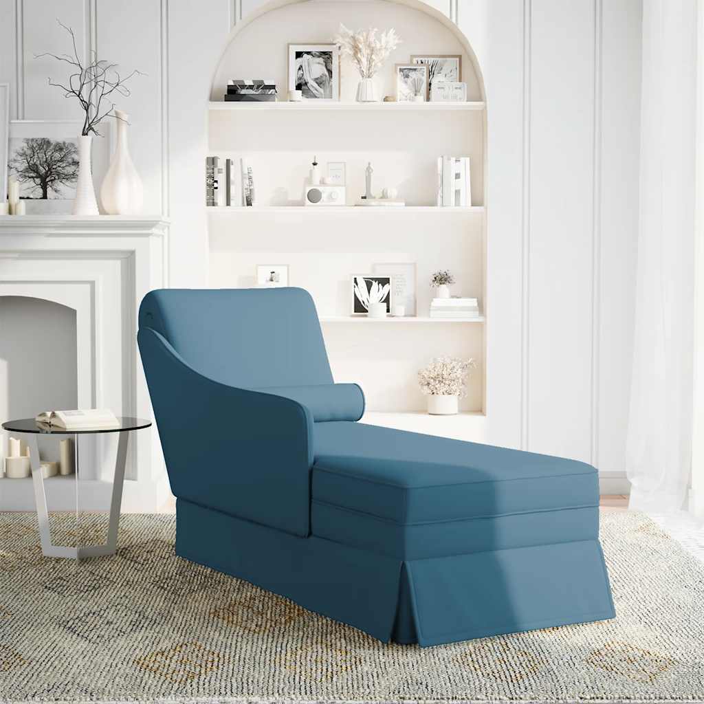 Chaise longue with support and right armrest in blue velvet