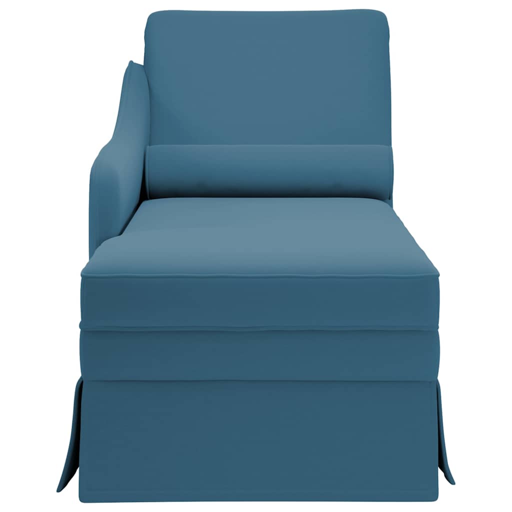 Chaise longue with support and right armrest in blue velvet