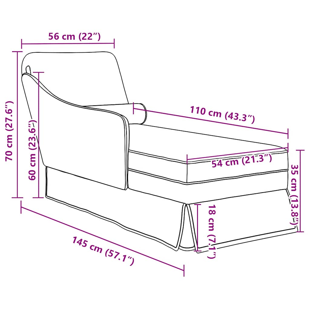 Chaise longue with support and right armrest in blue velvet