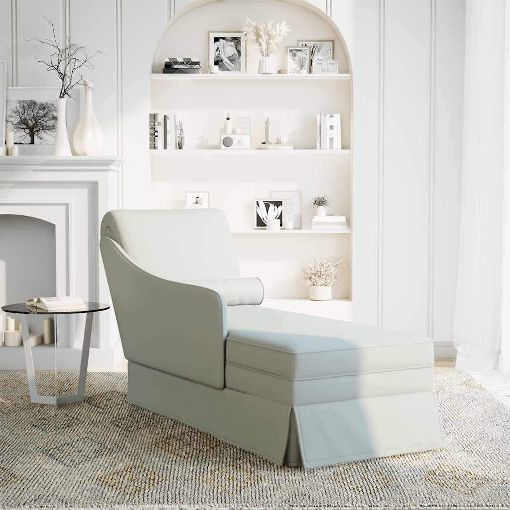 Chaise longue with support and right armrest, light grey velvet