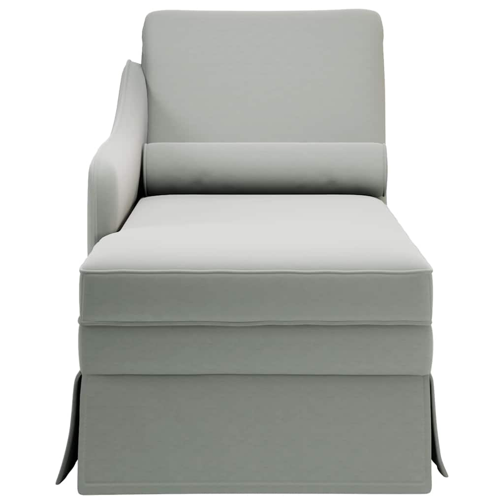 Chaise longue with support and right armrest, light grey velvet