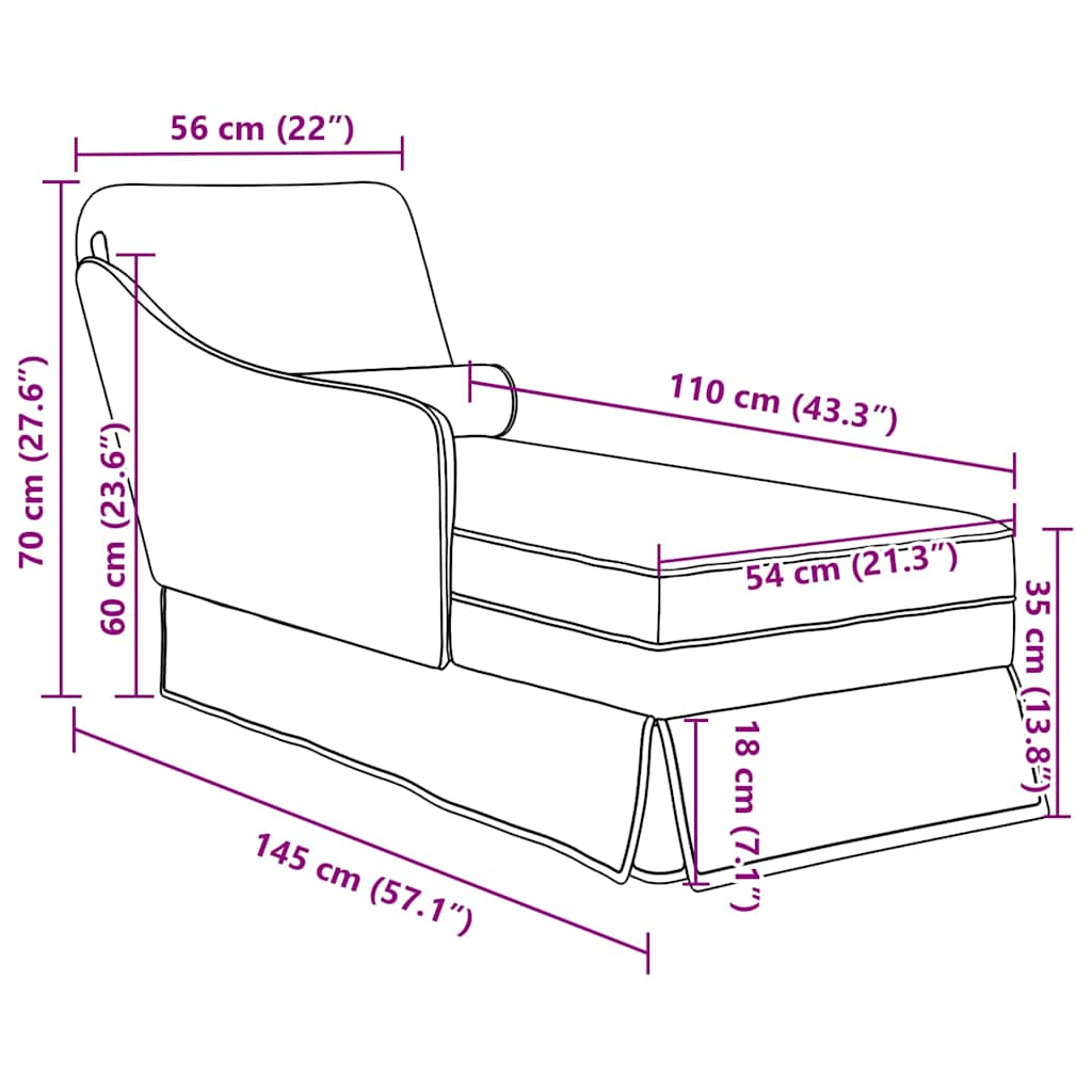 Chaise longue with support and right armrest, light grey velvet