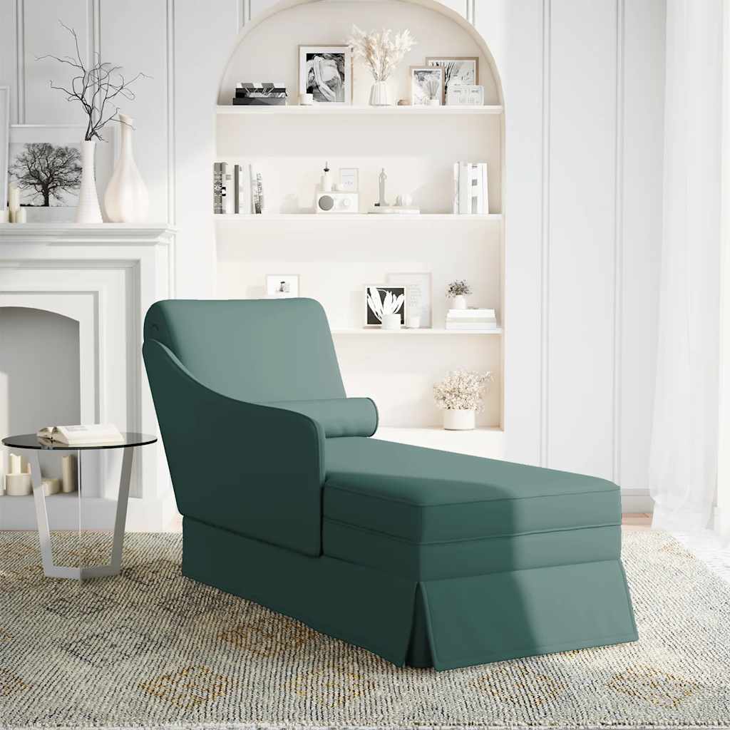 Chaise longue with support and right armrest, dark green velvet