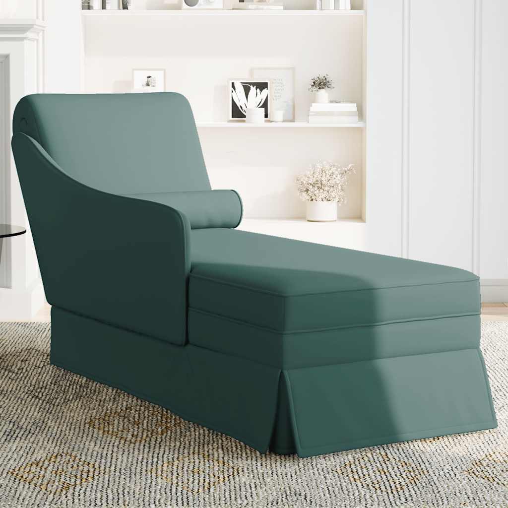 Chaise longue with support and right armrest, dark green velvet