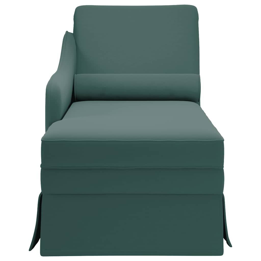 Chaise longue with support and right armrest, dark green velvet