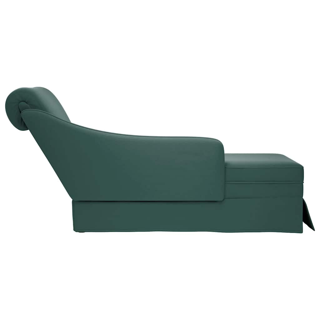 Chaise longue with support and right armrest, dark green velvet