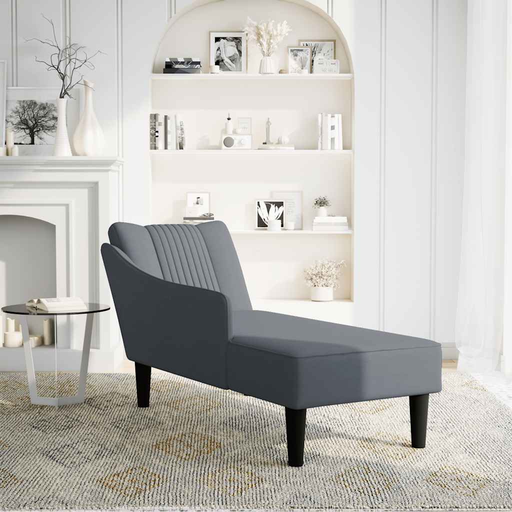 Chaise longue with cushion and right armrest, dark grey, velvet