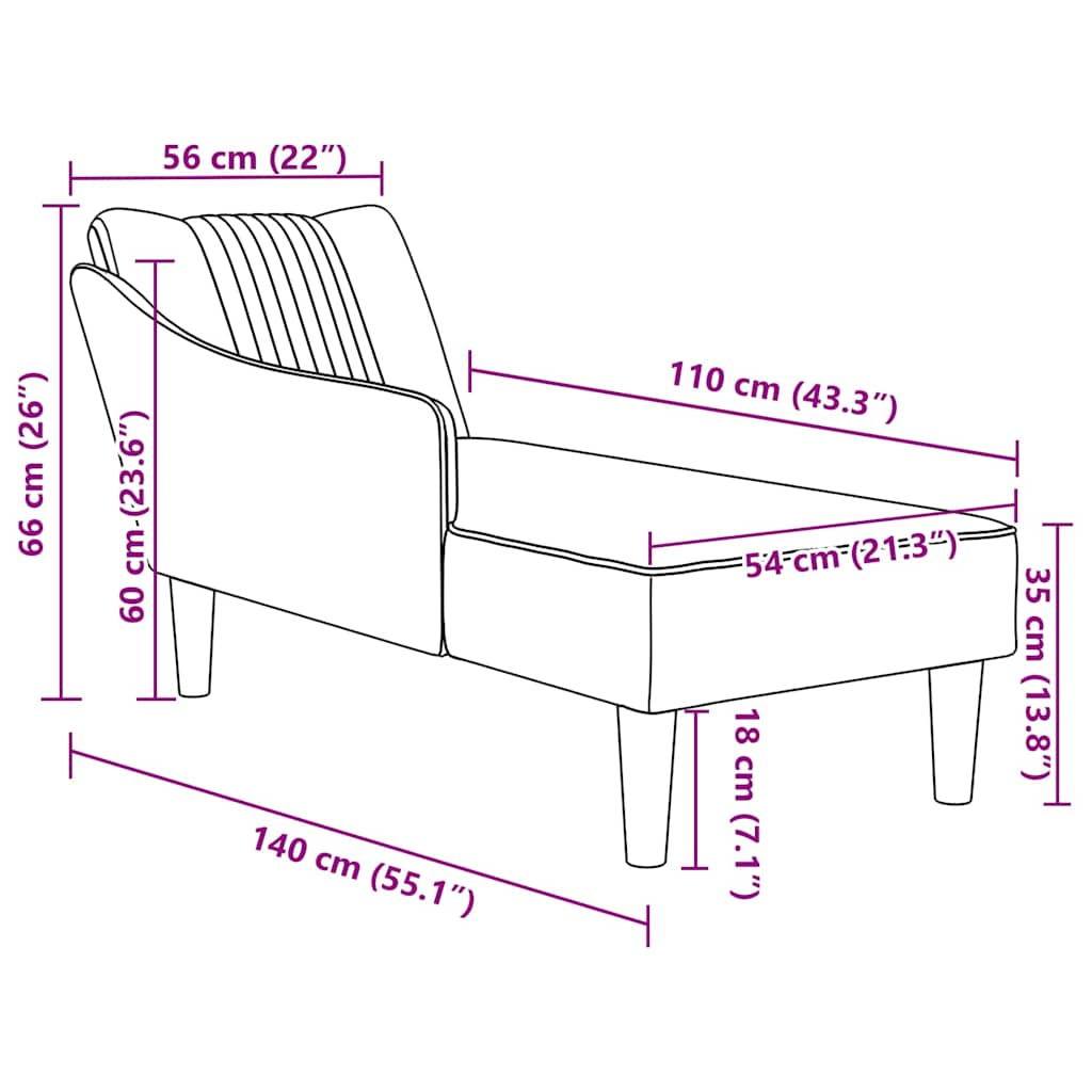 Chaise longue with right armrest, dark green velvet