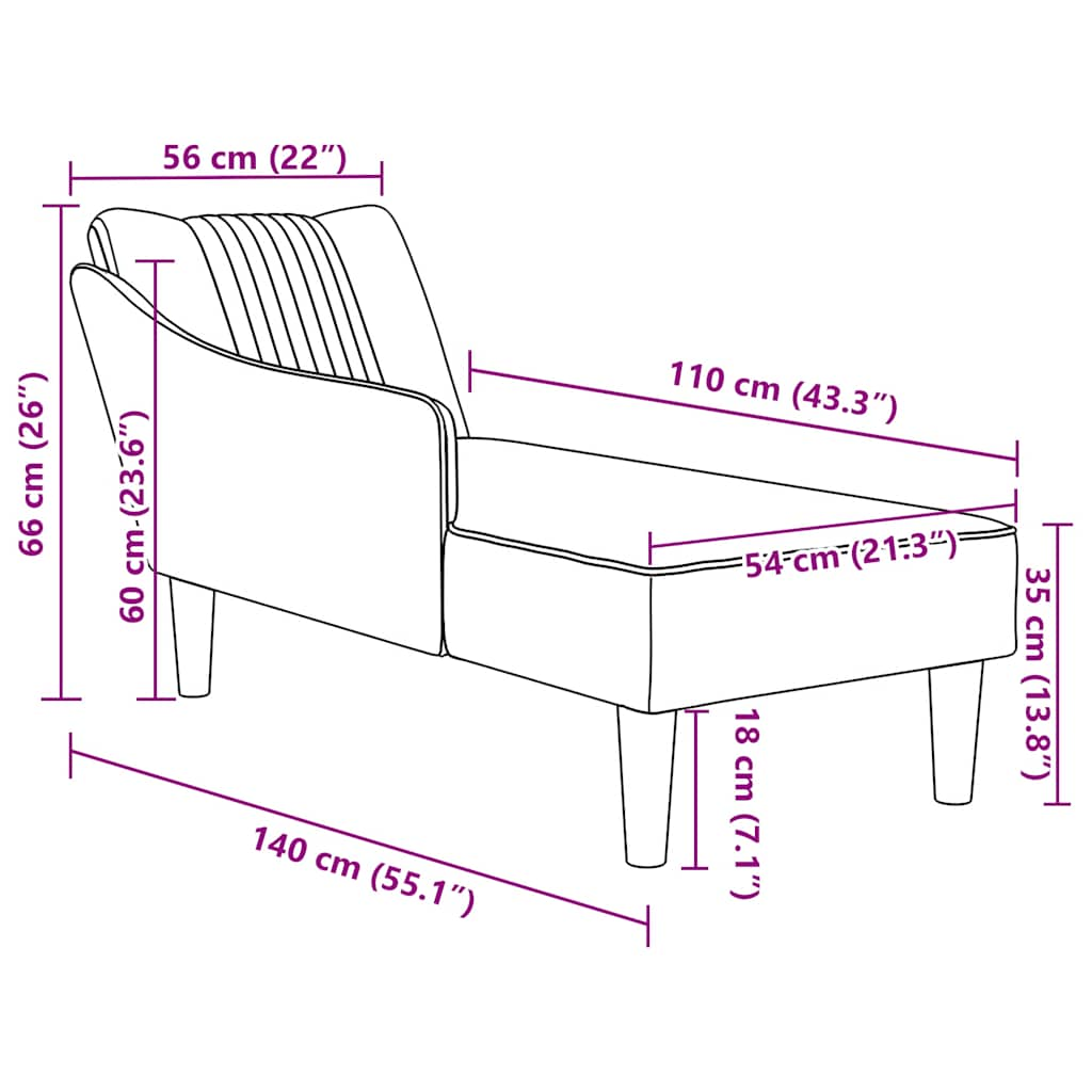 Chaise longue with right armrest, yellow velvet