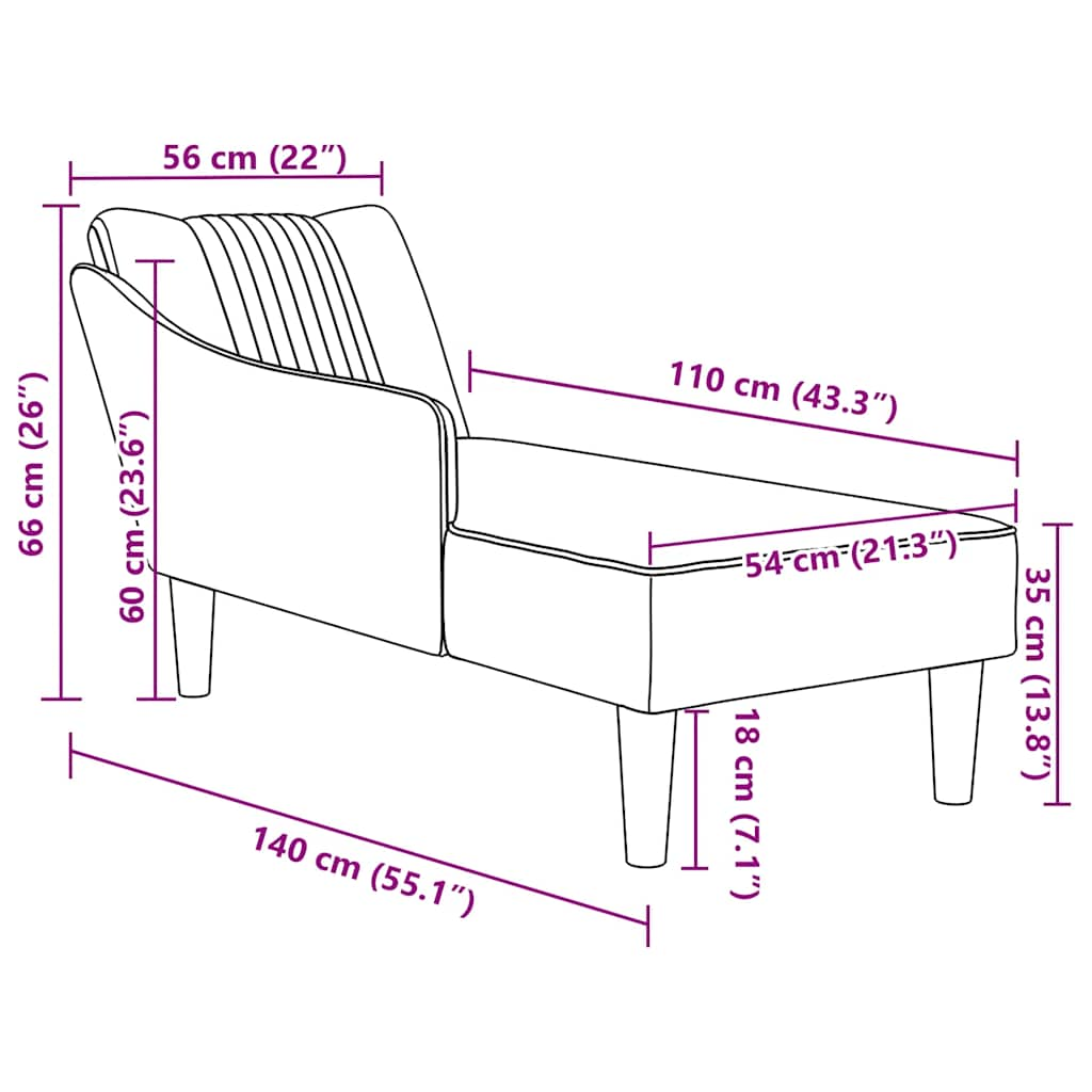 Chaise longue with straight armrest in dark grey fabric