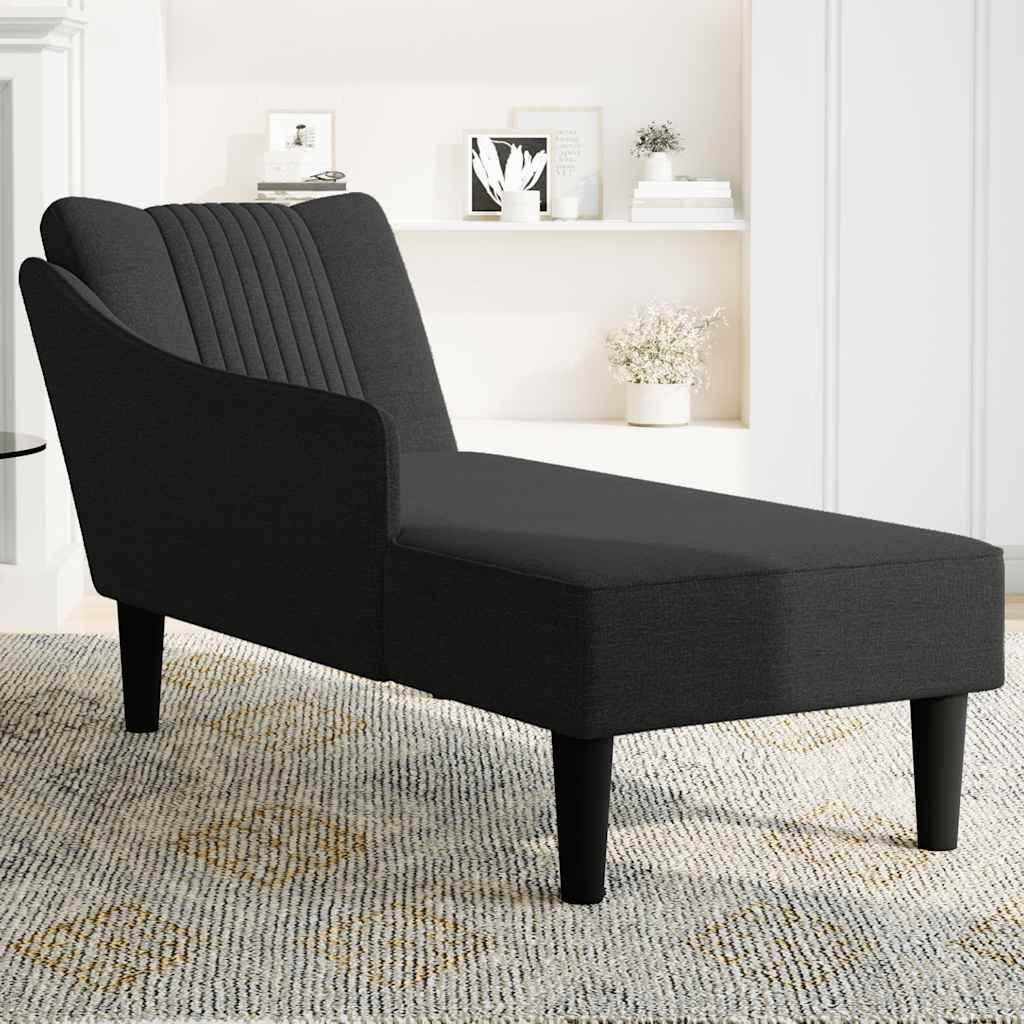 Chaise longue with straight armrest in black fabric